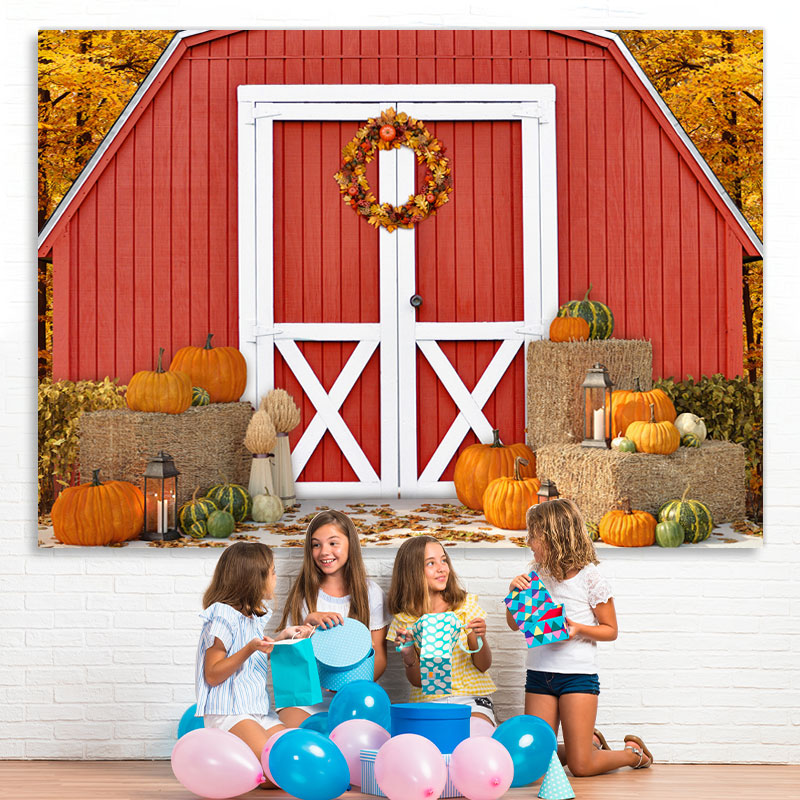 Lofaris Wooden Red House and Ripe Pumpkins Autumn Backdrop