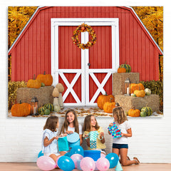 Lofaris Wooden Red House and Ripe Pumpkins Autumn Backdrop