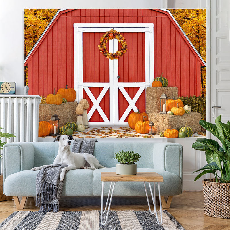 Lofaris Wooden Red House and Ripe Pumpkins Autumn Backdrop