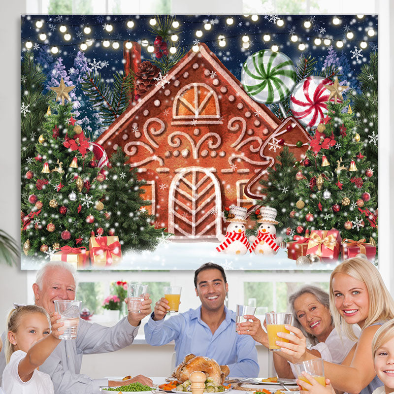 Lofaris Xmas Tree Cartoon Gingerbread House Christmas Backdrop