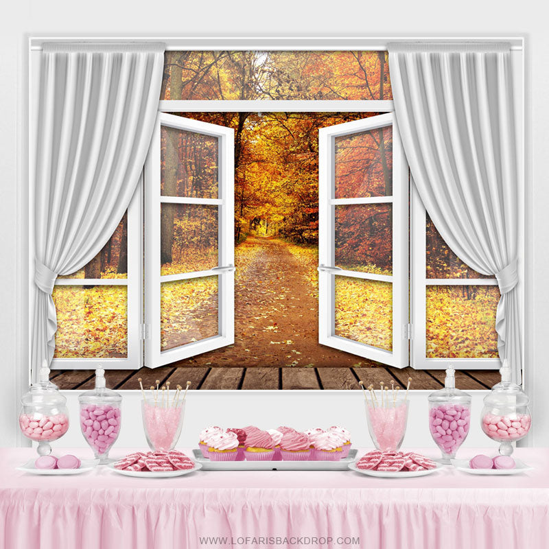Lofaris Yellow Autumn With White Curtain And Window Backdrop