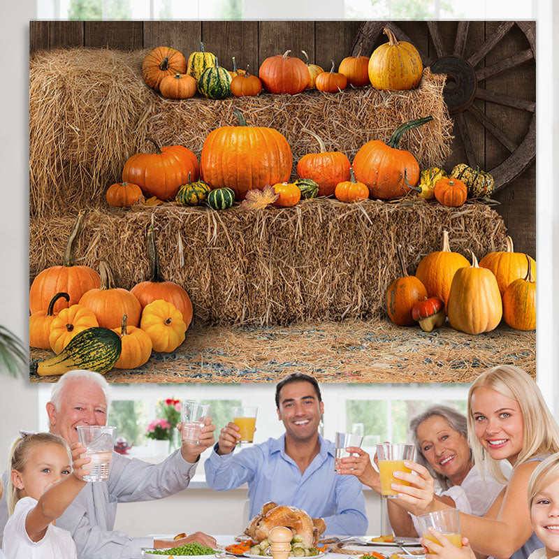 Lofaris Yellow Barn with Various Pumpkins Autumn Backdrop