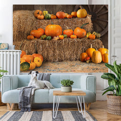 Lofaris Yellow Barn with Various Pumpkins Autumn Backdrop