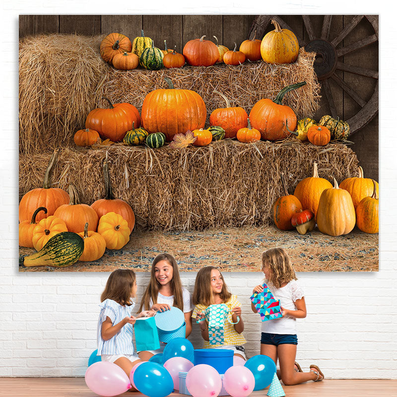 Lofaris Yellow Barn with Various Pumpkins Autumn Backdrop
