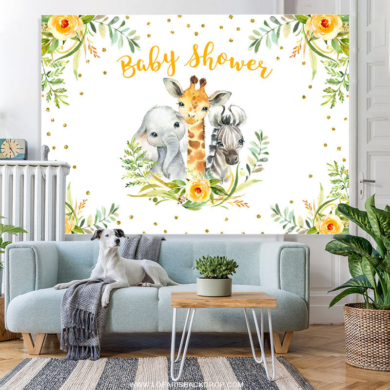 Lofaris Yellow Floral Green Leaf Animals Baby Shower Backdrop
