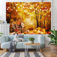 Lofaris Yellow Leaves Forest Lights Pumpkin Backdrop for Party