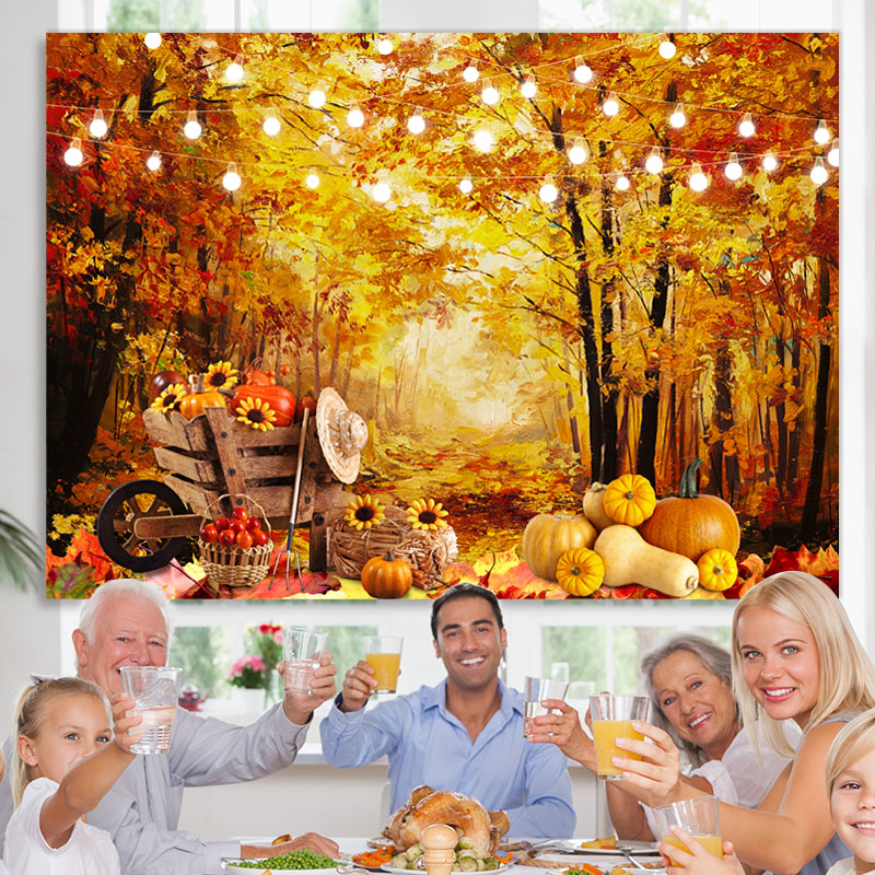 Lofaris Yellow Leaves Forest Lights Pumpkin Backdrop for Party