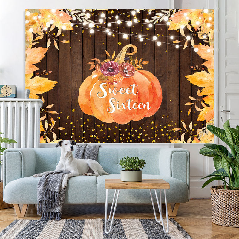 Lofaris Yellow Leaves Pumpkin Board Photo Backdrop for Sixteen Birthday