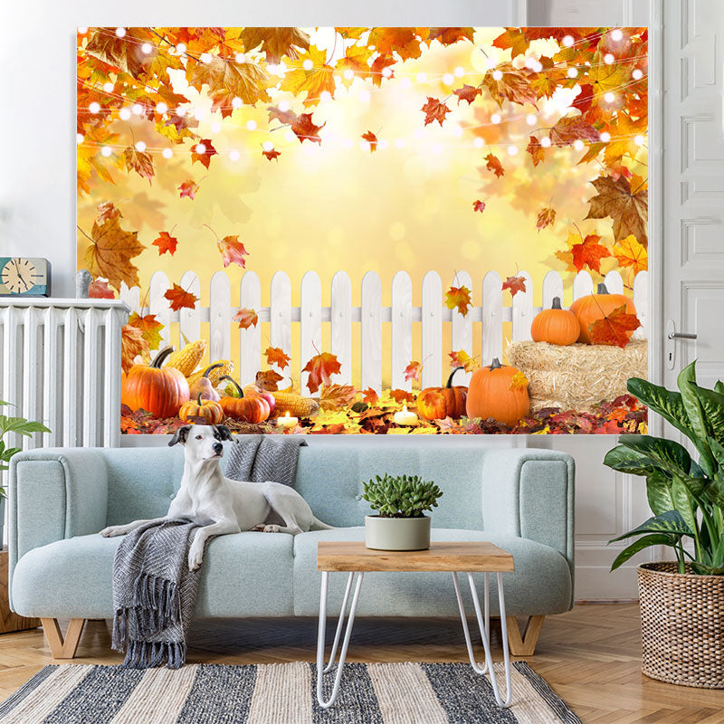 Lofaris Yellow Leaves White Fence Pumkin Lights Fall Backdrop