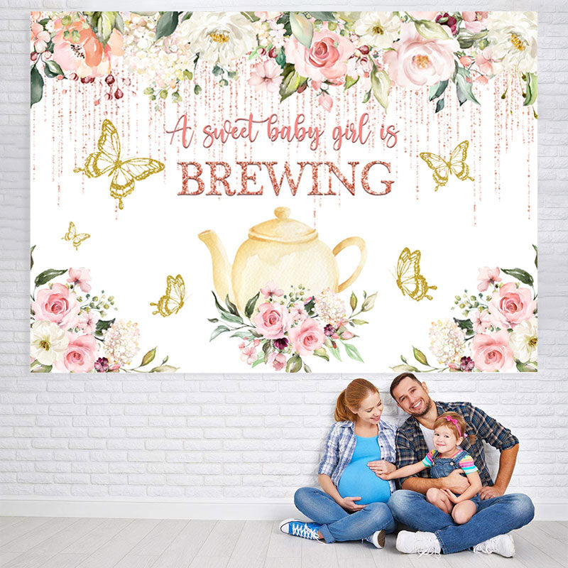Lofaris Yellow Teapot and Golden Butterfly Baby Shower Backdrop