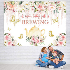 Lofaris Yellow Teapot and Golden Butterfly Baby Shower Backdrop