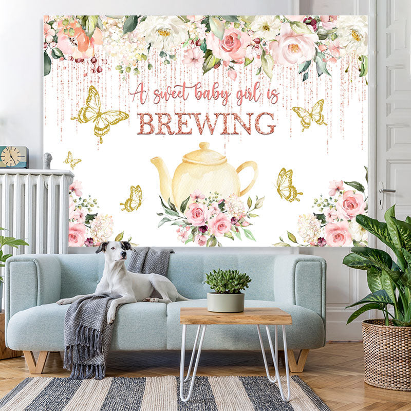 Lofaris Yellow Teapot and Golden Butterfly Baby Shower Backdrop