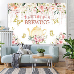 Lofaris Yellow Teapot and Golden Butterfly Baby Shower Backdrop