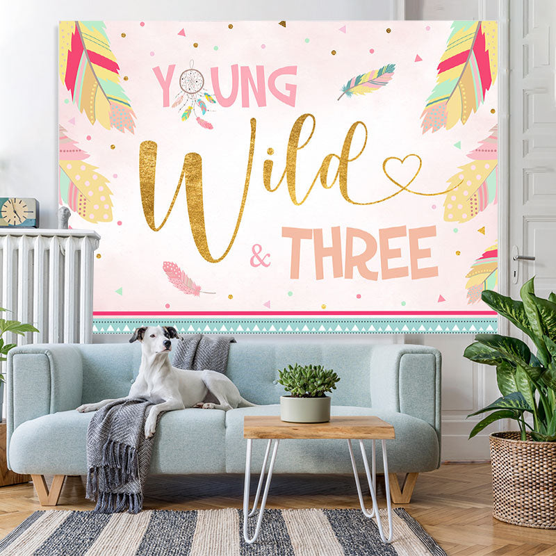 Lofaris Young Wild three Feather Happy 3rd Birthday Backdrop