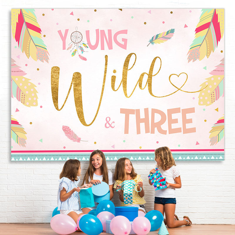 Lofaris Young Wild three Feather Happy 3rd Birthday Backdrop