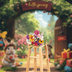 Lofaris Cute Bunny Spring Floral Garden Gate Easter Backdrop