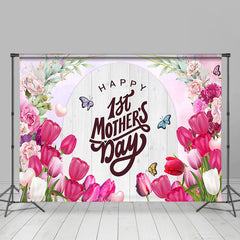 Lofaris Pink Tulip Wood Arch Happy 1st Mothers Day Backdrop