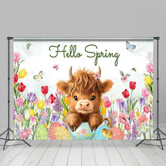 Lofaris Colorful Tulip Cute Cow Hello Spring Easter Backdrop