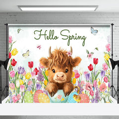 Lofaris Colorful Tulip Cute Cow Hello Spring Easter Backdrop