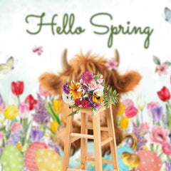 Lofaris Colorful Tulip Cute Cow Hello Spring Easter Backdrop