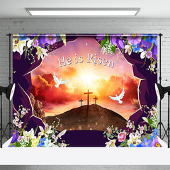 Lofaris Sunset Hills Cross Floral He Is Risen Easter Backdrop