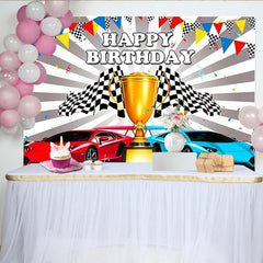 Lofaris Toile de fond joyeux anniversaire voitures de course et drapeaux à damier, trophée de course pour fête d'enfants