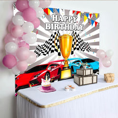 Lofaris Toile de fond joyeux anniversaire voitures de course et drapeaux à damier, trophée de course pour fête d'enfants