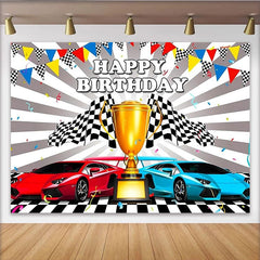 Lofaris Toile de fond joyeux anniversaire voitures de course et drapeaux à damier, trophée de course pour fête d'enfants