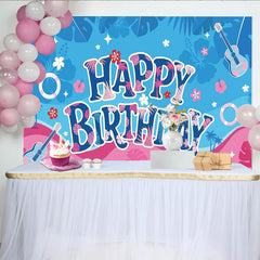 Lofaris, Toile de fond joyeux anniversaire tropicale avec palmiers et fleurs, ukulélés et bouées, décoration de fête d'été