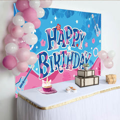 Lofaris, Toile de fond joyeux anniversaire tropicale avec palmiers et fleurs, ukulélés et bouées, décoration de fête d'été