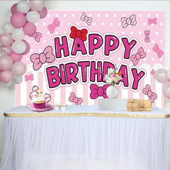 Lofaris Toile de fond joyeux anniversaire rose à pois et rayures, avec nœuds papillon pour fête de fille