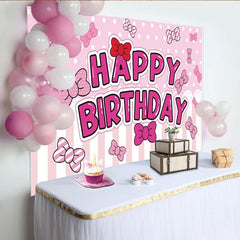 Lofaris Toile de fond joyeux anniversaire rose à pois et rayures, avec nœuds papillon pour fête de fille