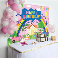 Lofaris Rosa Regenbogen Zug Auto Kuchen Ballons Partyhintergrund, für Kindergeburtstag und Fotostudio-Requisiten