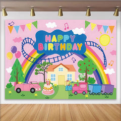 Lofaris Rosa Regenbogen Zug Auto Kuchen Ballons Partyhintergrund, für Kindergeburtstag und Fotostudio-Requisiten