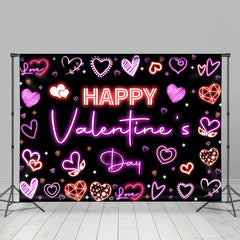 Lofaris Pink Neon Hearts Black Happy Valentines Day Backdrop