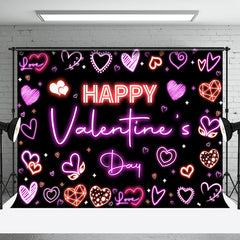 Lofaris Pink Neon Hearts Black Happy Valentines Day Backdrop