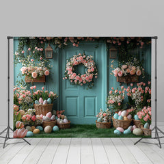 Lofaris Spring Pink Floral Eggs Blue Wall Easter Backdrop