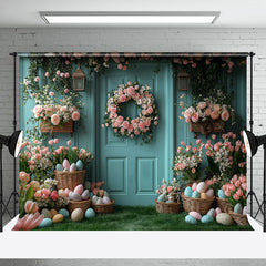 Lofaris Spring Pink Floral Eggs Blue Wall Easter Backdrop