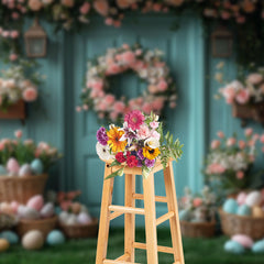 Lofaris Spring Pink Floral Eggs Blue Wall Easter Backdrop