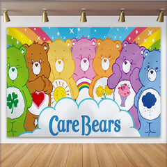 Lofaris Colorful Cartoon Bear Birthday Backdrop with Rainbow and Stars, Friendly Animal Party Background for Kids Photoshoot.
