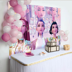 Lofaris Sparkling Animated Pop Idol Girls Cartoon Birthday Backdrop, Vibrant Celebration Background for Girls Party Decor and Photoshoots
