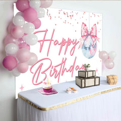 Lofaris Pink Happy Birthday Disco Ball Backdrop with Confetti and Stars, Sparkling Party Background for Girls Celebration