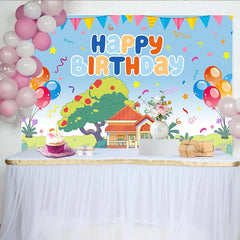 Lofaris Vibrant Cartoon Birthday Backdrop with Happy Birthday, Balloons and Charming House Scene, Party Decoration for Kids