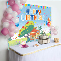 Lofaris Vibrant Cartoon Birthday Backdrop with Happy Birthday, Balloons and Charming House Scene, Party Decoration for Kids