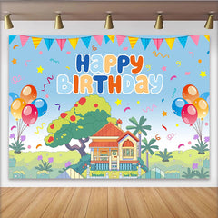Lofaris Vibrant Cartoon Birthday Backdrop with Happy Birthday, Balloons and Charming House Scene, Party Decoration for Kids