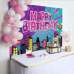 Lofaris Vibrant Comic Book Superhero Birthday Backdrop, Cityscape and Spider Web Party Background for Kids