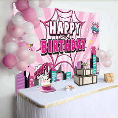 Lofaris Pink Comic Book Birthday Backdrop with Spider Web and City Skyline, Pop Art Party Background for Girls Photoshoot and Decoration