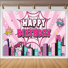 Lofaris Pink Comic Book Birthday Backdrop with Spider Web and City Skyline, Pop Art Party Background for Girls Photoshoot and Decoration
