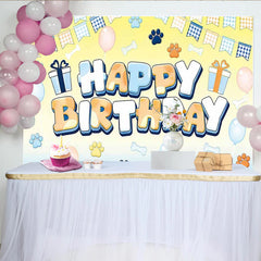 Lofaris Cute Blue and Orange Paw Print Animal Birthday Backdrop with Bones, Adorable Party Decor for Pet Themed Photoshoot