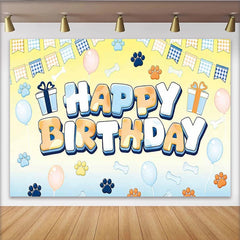 Lofaris Cute Blue and Orange Paw Print Animal Birthday Backdrop with Bones, Adorable Party Decor for Pet Themed Photoshoot